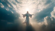 Resurrected Jesus Christ reaching out with open arms in the sky, heaven and cross, love and salvation concept. Generative AI
