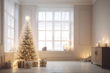 Wall Mural - bright contemporary living room Scandinavian inspired holiday décor. Nice Christmas tree with present boxes and lighting. in front. blank, beige wall mockup. excellent illustration. Generative AI