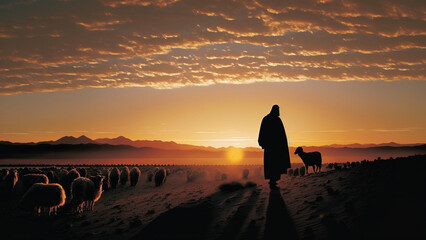 Wall Mural - The Good Shepherd at Dusk: Finding Peace and Comfort in the Presence of Jesus and His Flock, generative ai