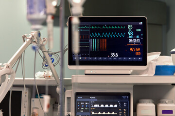 Heart rate monitor in a hospital theater. Medical device for monitoring vital signs in the hospital on the monitor of anesthesia surgery. ECG patient monitor. medical electronics.