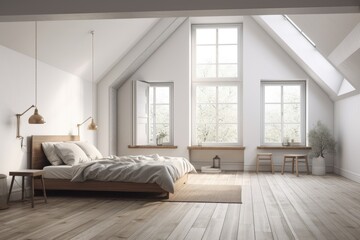 Poster - Two wide windows, a gray attic bedroom with a hardwood floor, a white bed, and a white table with a computer. a mockup. Generative AI