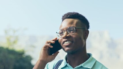 Wall Mural - Hello, black man and phone call in a city walking, talking and happy while discussing negotiation. Smartphone, conversation and African businessman networking on commute, happy and positive outdoors