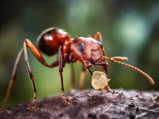 Wild red ant carrying food along trunk of tree, microworld. Generative AI