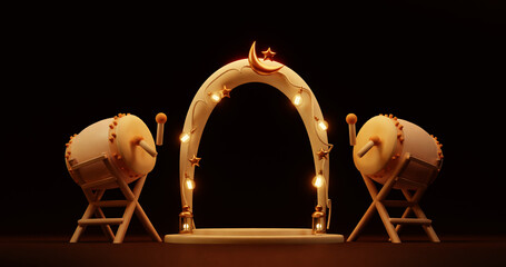 3d minimal stand podium with lantern light. drum. greeting card. ramadan. eid mubarak. islamic new year.