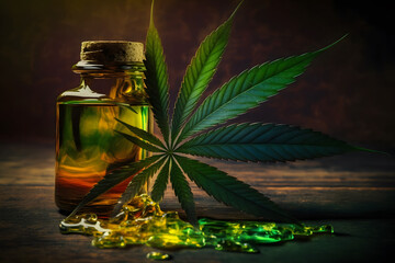 Cannabis, cannabis oil extracts in jar. Neural network AI generated art