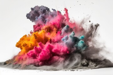 Poster - colorful powder erupts on a white backdrop. The bright dust erupts. Holi in color. Generative AI