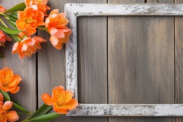 Poster - On wooden boards with text, a shabby chic frame with apricot blossoms serves as home décor. Copies. Generative AI