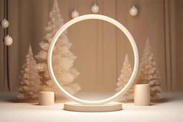 illustration for 3d podium display christmas background for product presentation or text christmas tree with lights minimal beige pedestal showcase with round rim frame abstract winter generative ai