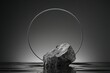 illustration for 3d background stone podium display with water dark gray and silver pedestal with round rim frame abstract minimal black nature scene rock for product presentation or text branding 