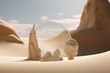 © sandra - illustration for 3d background podium stone display on desert sand rock cosmetic beauty product promotion pedestal with sun shadow and sky nature mockup abstract minimal studio 3d render