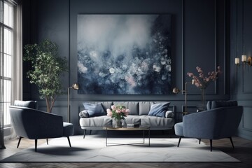 Wall Mural - Interior of a living room in grey and navy blue with a cozy sofa and chairs. Generative AI