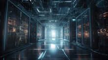 Exploring The Futuristic HUID Interfaces Of An AI-Powered Data Center Processing Epic Amounts Of Info In A High-Tech Industrial Structure, Generative AI
