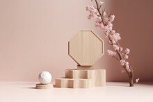 Illustration For 3d Background Beige Podium Wood Display Sakura Pink Flower Tree Branch Cosmetic Or Beauty Product Promotion Step Floral Pedestal Abstract Minimal Advertise 3d Render Copy Space 