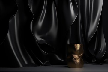 illustration for 3d display podium dark background with pedestal black cloth with gold luxury silk beauty cosmetic product presentation stand feminine mockup with cloth wave 3d render advertisement