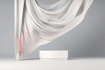 illustration for 3d display podium white background with pedestal and flying silk cloth curtain nature wind beauty cosmetic product presentation stand luxury feminine template 3d render advertisement