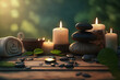 Beauty spa treatment and relax concept. Hot stone massage setting lit by candles. Neural network AI generated art