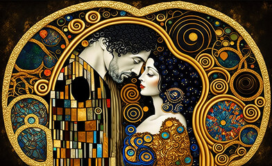 Wall Mural - a painting of a man and a woman embracing each other
