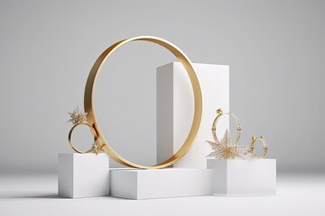 illustration for 3d christmas background gift box with gold ribbon and round frame rim white present with podium product empty display minimal pedestal abstract studio winter 3d render