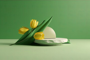 illustration for 3d display podium green background with yellow tulip flower and stone nature blossom minimal pedestal for beauty cosmetic product presentation summer and spring mockup 