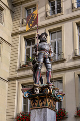 Sticker - View of the Vennerbrunnen historic fountain in Rathausplatz in Bern Switzerland