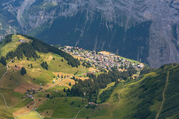 Wall Mural - View of Murren and the cable car run from the top of the Schilthorn mountain in Switzerland