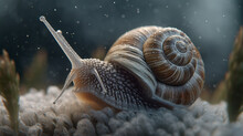 Snail In The Snow With Rain Drops. 3d Illustration, 3d Render Snail In The Aquarium, On The Background Of Water. The Bottom Of The Sea.