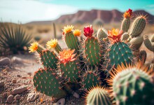 Prickly Succulents With Bright Cactus Flowers In Desert. Generative AI