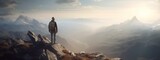 Fototapeta Natura - Hiker standing on top of mountain peak looking at view created with Generative AI
