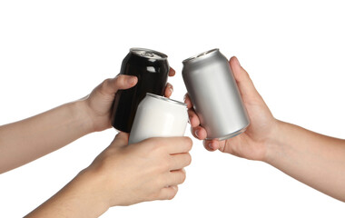 Wall Mural - Friends clinking different cans on white background, closeup