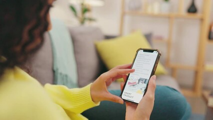 Poster - Hand, phone and woman on a sofa with social media, browsing and surfing the internet. Screen, homepage and girl relax while reading website, page and checking online advertising in a living room