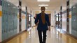 © Robert Peak - Rear view of teacher walking down a hallway in an empty school holding books showing emptiness.