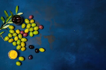 Poster - olives and olive oil on a blue background. Generative AI