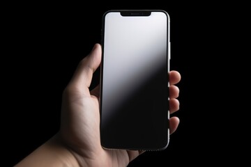Hand holding smartphone on black background, cell phone seen up close, Generative AI
