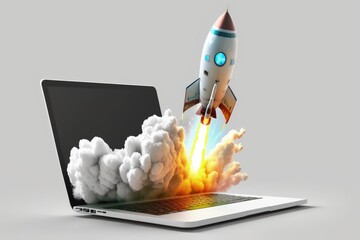 rocket coming out of laptop screen, isolated on white background, generative ai