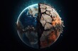 Planet earth with one half destroyed and one half preserved, earth day concept, environment preservation concept, Generative AI