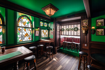 Wall Mural - Irish pub interior design, green. Generative AI