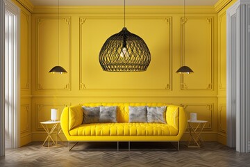 cozy living room with a vibrant yellow couch and two matching lamps. Generative AI