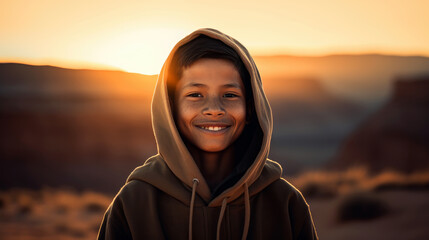 Portrait of native american boy at sunset by generative AI