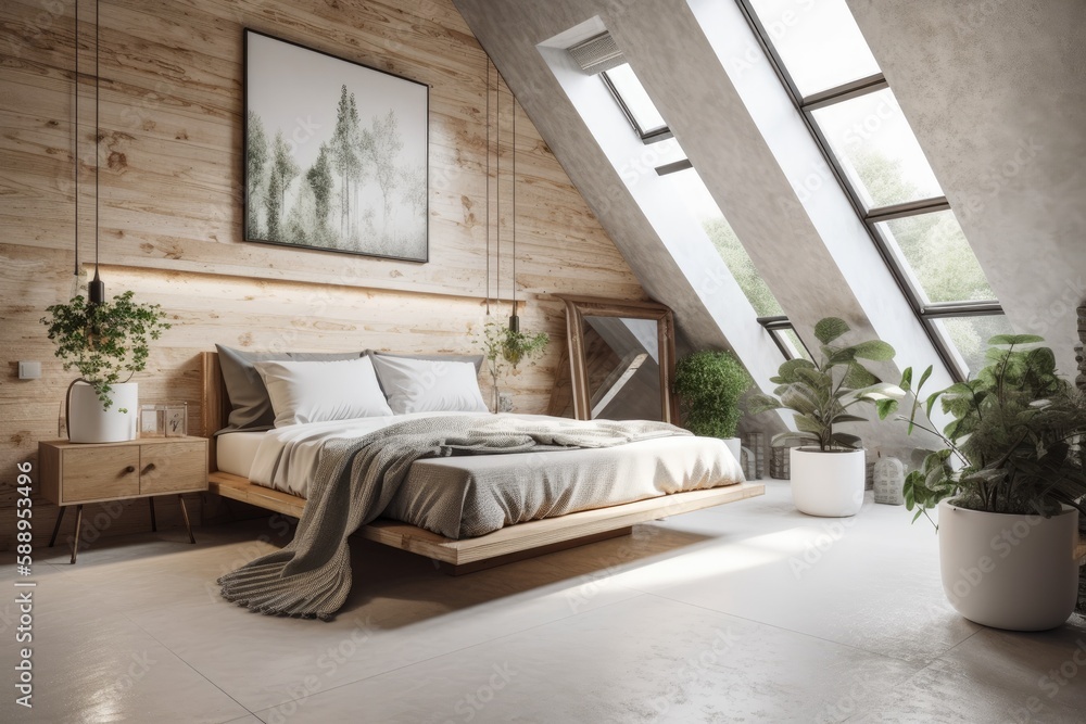 Bedroom in the attic with white stone walls, greenery, and a vertical ...