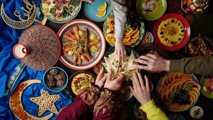 Wall Mural - Eid holiday table. Ramadan family dinner. Breaking Fast, iftar. Arabic Middle Eastern traditional cuisine