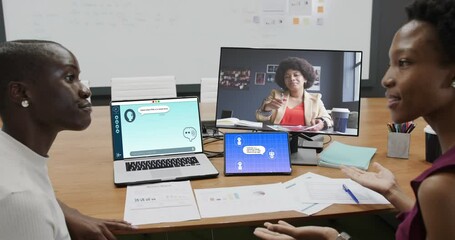 Poster - Diverse businesswomen in office using computers with video call and ai messaging on screens