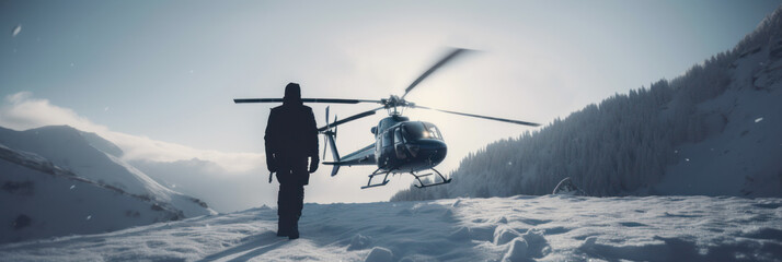 A black helicopter in winter mountains, in a covert, undercover mission. A man dressed in black at pickup point. Undercover activity concept. Generative AI based.