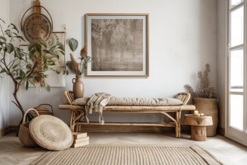 Scandi boho old wooden frame mock up in interior backdrop. Generative AI