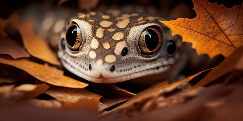 Poster - Images of a leopard gecko's head in close up on dry leaves. Generative AI