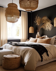 Wall Mural - A bedroom with a soft, neutral color scheme and a bamboo lamp, in the style of light brown and dark black, maximalist, multilayered, silhouette lighting, cottagecore, white and beige, ai regenerative