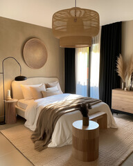 Wall Mural - A bedroom with a soft, neutral color scheme and a bamboo lamp, in the style of light brown and dark black, maximalist, multilayered, silhouette lighting, cottagecore, white and beige, ai regenerative