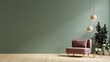 Bright and cozy modern living room interior with dark pink armchair on empty dark green wall background.