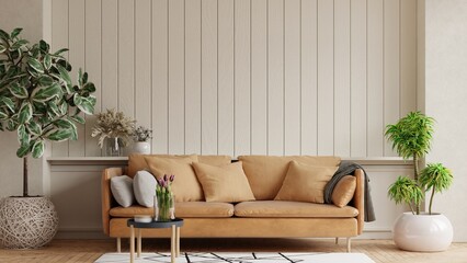 Wall Mural - Modern living room with leather sofa and decoration in warm beige background.