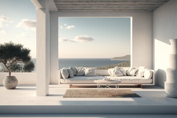  Luxury apartment terrace Santorini  Interior of modern living room sofa or couch with beautiful sea view. Generative AI