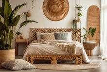 Traditional Asian Interior Bedroom In Warm Home With Ethnic Décor, Wicker Headrest At Comfy Bamboo Bed, Light Above Bedside Table, And Natural Green Plant Composition. Generative AI